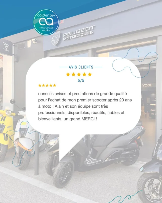 ⭐️ MERCI À VOUS ⭐️

Chez Caldentey Scooter, chaque avis compte, et vos retours 5 ⭐️ sur Google nous touchent énormément ! Vos mots positifs sont notre meilleure récompense et nous motivent à toujours offrir un service de qualité, à la hauteur de vos attentes.

Merci à tous nos clients passionnés de scooters et motos pour votre confiance et votre fidélité. 🛵🏍️

Continuez à partager vos expériences, cela fait toute la différence ! 🚀

#CaldenteyScooter #Merci #AvisClients #SatisfactionClient #Scooter #Moto #PassionDeuxRoues  #peugeotmotocycles #DeuxRoues