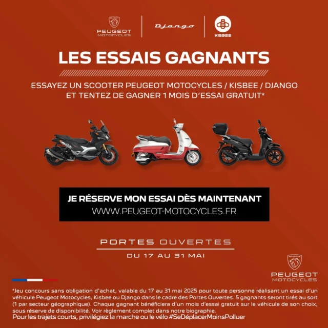 📢 Les essais gagnants chez Caldentey 

Jusqu’au 31/05 essayez un scooter motocycles / KISBEE / DJANGO 🛵 et tentez de gagner 1 mois d’essai gratuit. 

Réservez votre essai sur notre site 💻 

#essai #essaimoto #EssaiGratuit #peugeotmotocycles #django #peugeotdjango  #peugeotdjangoriders  #PassionMoto #PeugeotScooter